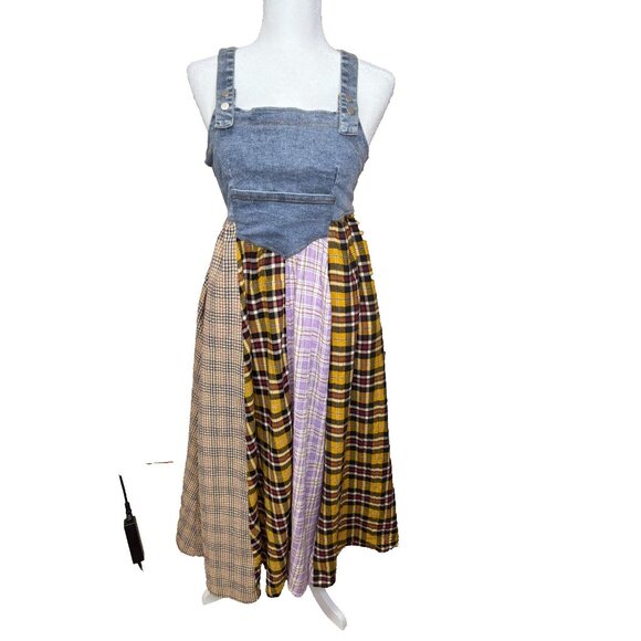 Ces Femme Overall Plaid Denim Long Dress Sz Small Pockets Country Farmgirl Rodeo - Picture 15 of 16